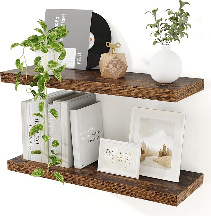 Floating Shelves for Wall, 24 inch Wall Shelves 9.3in Deep Wooden Shelves for Book, Living Room, Bathroom, Kitchen, Office, Rustic Brown Farmhouse Shelves, 24 x 9.3 x 1.5 in, 2 Packs