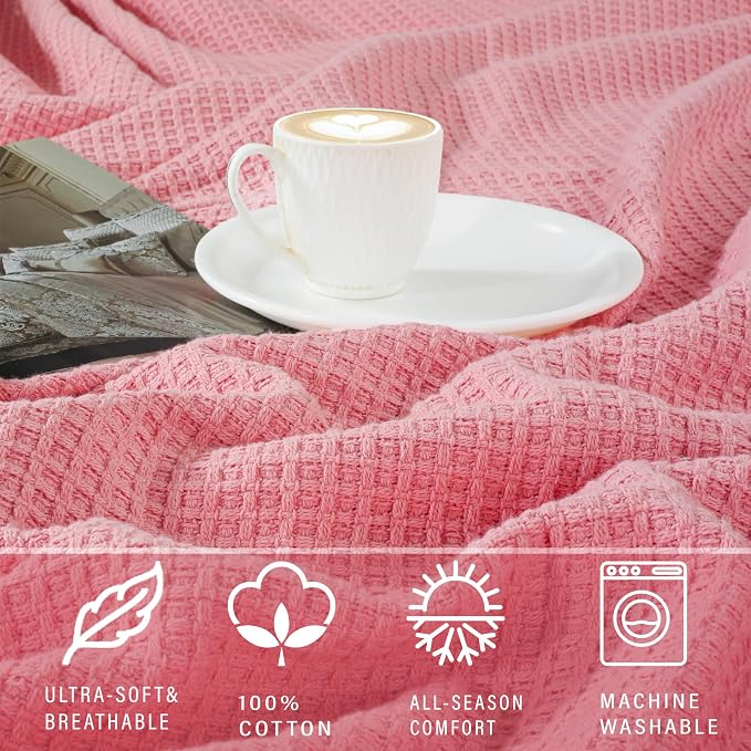TreeWool Premium 100% Cotton Waffle Summer King Blanket (90"x108", Pink) | 420 GSM Breathable Lightweight Moisture Wicking Soft Knit Thermal Blanket for Bed or Sofa All-season Comfort Machine Washable
