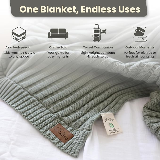 100% Organic Cotton Knit Blanket Denise -Soft and Lightweight, Breathable All-Season Throw for Bed, Sofa, or Lounge Area -GOTS Certified-Perfect for Home and Bedroom Styling (Green, 80x90)