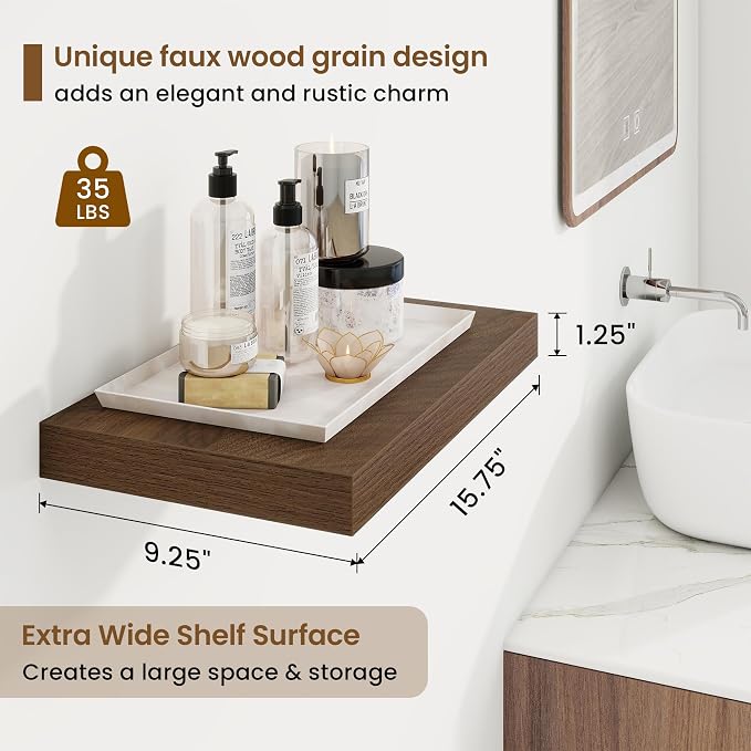 16in Floating Shelves for Wall, 16"W x 9.25"D x 1.25"H, 2 Pack Long Wall Mounted Engineered Wood Shelves with Invisible Brackets for Living Room, Bedroom, Bathroom, Kitchen Decor and Storage, Walnut