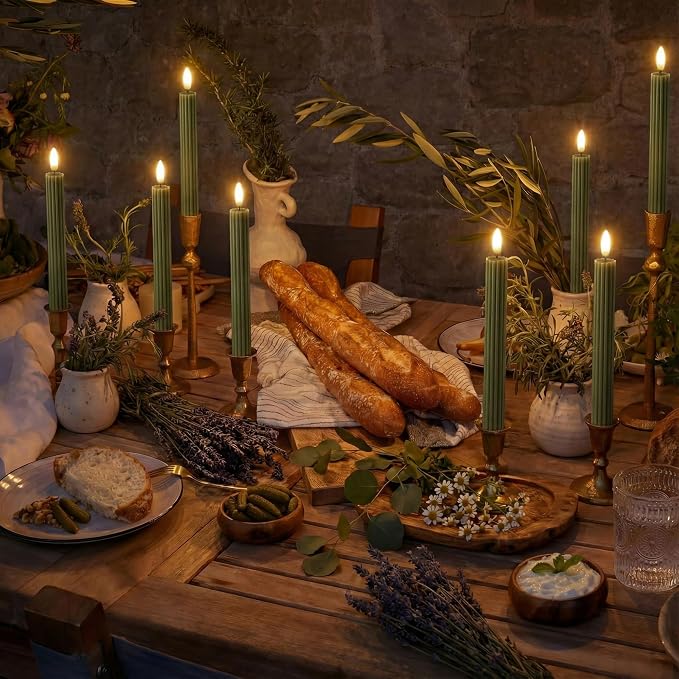 6 Pack, 10" LED Flameless Real Wax Sage Olive Loden Green Fluted Ribbed Grooved Taper Candles, Remote & 24h Timer Memory, On/Off Button, Dimmable, Flicker Mode, Battery Operated, Wedding