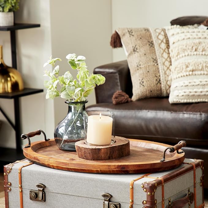 Deco 79 Wood Living Room Decor Tray Large Oval Ottoman Tray with Scroll Metal Handles, Serving Tray 29" x 19" x 4", Brown | Living Room Decor Large Oval Ottoman Tray With Scroll Metal Handles Serving Tray
