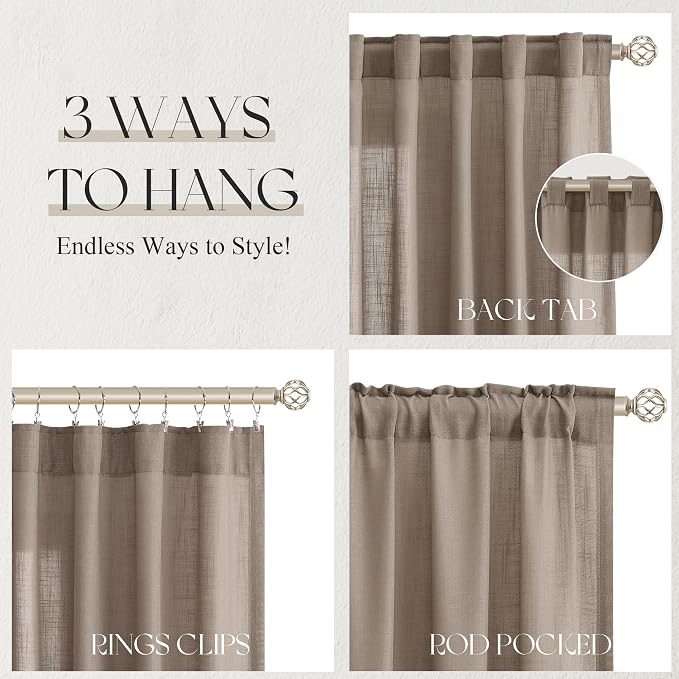 Jowels Dark Taupe Linen Curtains 84 Inch Long 2 Panels for Living Room | Light Filtering Semi Sheer Curtain, Back Tab Pocket Pleated Look, Boho Farmhouse Textured Privacy Drapes for Bedroom Window