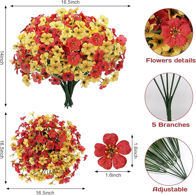 Geegoods Artificial Mums Flowers for Outdoors, 16 Bundles UV Resistant Fake Plastic Red and Yellow Flowers for Patio Porch Spring Summer Decor