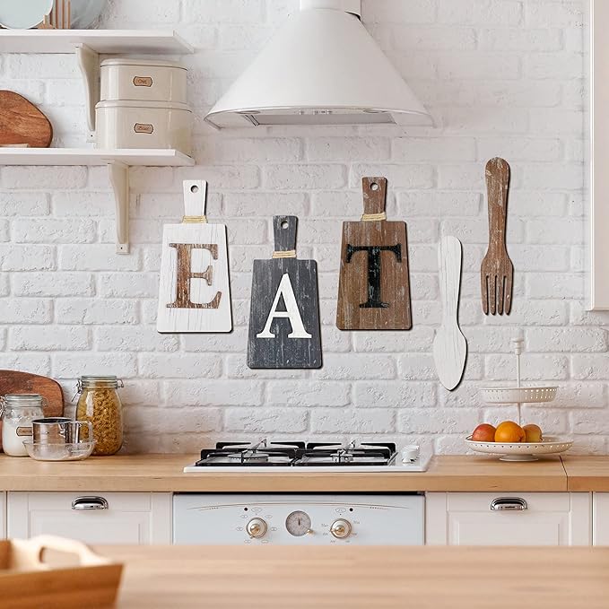 Jetec Cutting Board Eat Sign Set Hanging Art Kitchen Eat Sign Farmhouse Fork and Spoon Wall Decor Rustic Primitive Country Kitchen Decor for Home over Cabinet Decoration(White, Grey, Dark Brown)