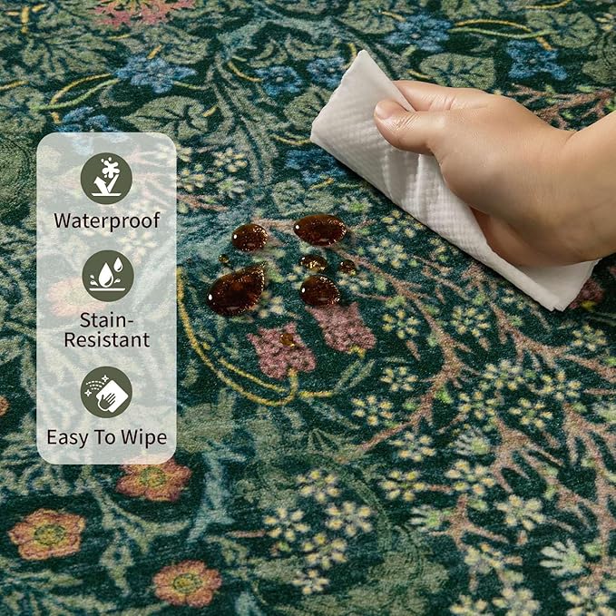Rugxara 8x10 Area Rugs for Living Room, Large Washable Rug, Green Vintage Floral Boho Rug, Non Slip & Low Pile Faux Wool Thin Carpet for Indoor Dining Room and Bedroom(Dark Green 8x10ft)