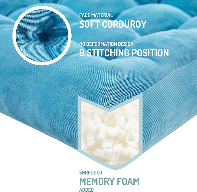 Degrees of Comfort Meditation Floor Pillow, Square Large Pillows Seating for Adults, Tufted Corduroy Thick Cushion for Living Room Tatami, Turquoise, 22x22 Inch