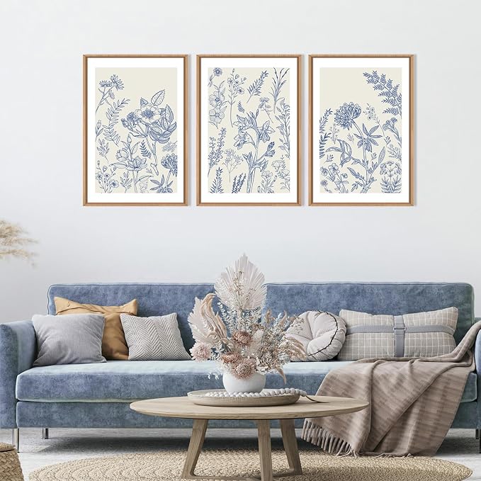 HPINUB Classic Chinoiserie Floral Framed Canvas Wall Art Set,Watercolor Blue and White Botanical Flowers Wall Decor,Navy Blue Minimalist Wildflower Art Print for Living Room,Bedroom,Office-16 x24 x3