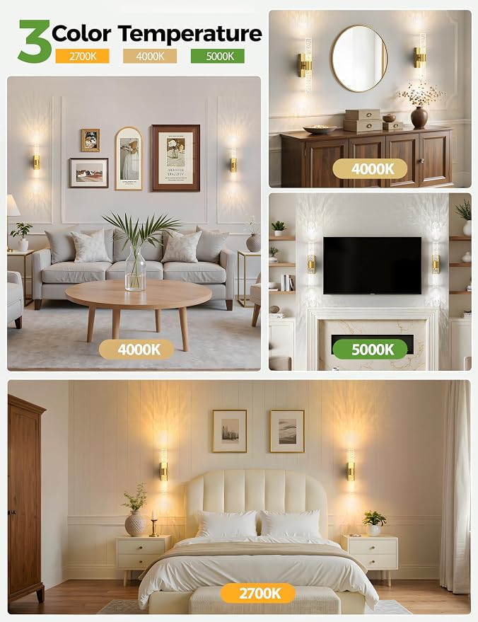 JOFIOS Battery Operated Wall Sconce Set of 2,3CCT,Dimmable,10400mAh,Gold Modern Rechargeable Wall Sconce with Remote,Wireless Wall Lights for Bedroom,Living room,Hallway(15.3 inch)