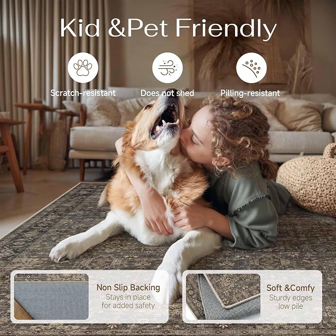 2 Piece Washable Kitchen Rug Set Vintage Brown Non Slip Low Pile Runner Mats Traditional Retro Soft Area Rugs for Hallway Bathroom Floor Sink Laundry Bedroom Entryway, 2x3 + 2x6