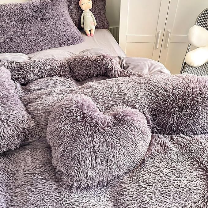 chovy Faux Fur Plush Purple Comforter Sets Twin/Full Size - Ultra Soft Shaggy Flannel Velvet Fluffy Fuzzy 3PC Bedding Set (Comforter x 1 Pillowcases x 2)