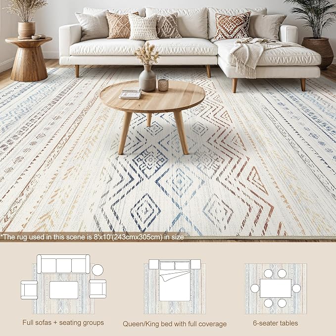 Tortania Area Rug Living Room Rugs- 8x10 Washable Large Soft Neutral Boho Moroccan Bohemian Farmhouse Rug Indoor Floor Carpet for Bedroom Under Dining Table Home Office Decor - Multicolor