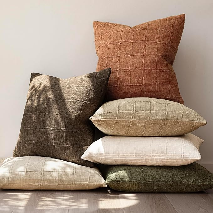 Foindtower Set of 2 Decorative Linen Check Throw Pillow Covers Neutral Farmhouse Vintage Cushion Covers Modern Boho Home Decor for Sofa Chair Couch Bedroom Living Room,22×22 Inch,Orange