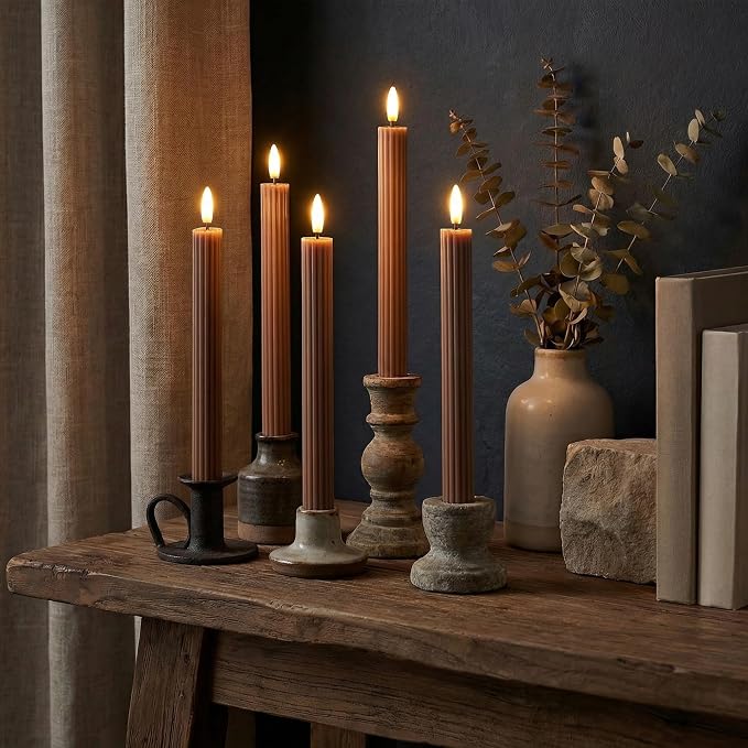 6 Pack, 10" LED Flameless Real Wax Brown Tan Fluted Ribbed Grooved Taper Candles, Remote & 24h Timer Memory, On/Off Button, Dimmable, Flicker Mode, Battery Operated, Wedding