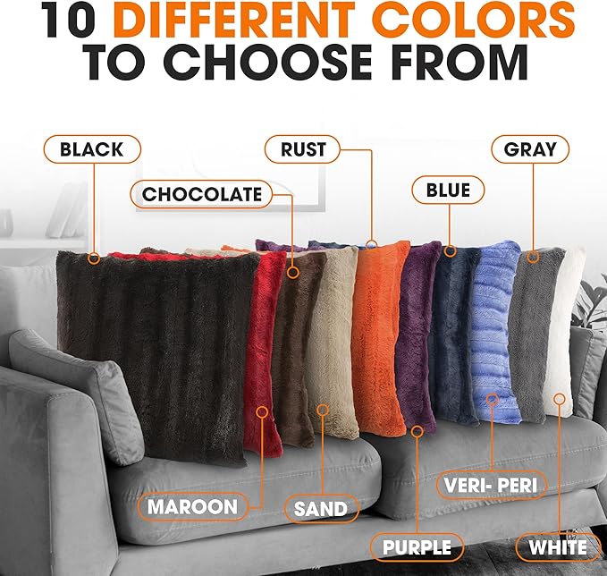 Cheer Collection Faux Fur Throw Pillows - Decorative Pillows for Couch, Bed Throw Pillows, Black Accent Pillows for Bedroom or Living Room Aesthetic, Set of 2 Furry Throw Pillows, 18”x18”