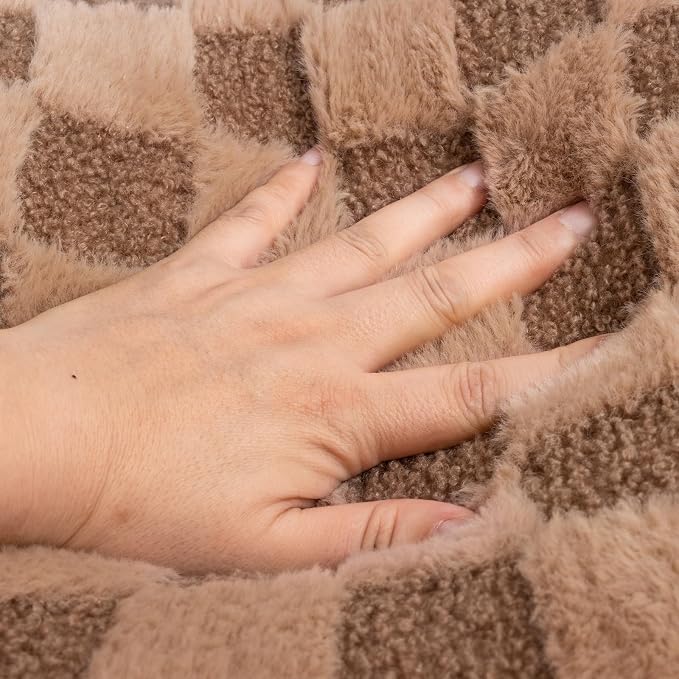 A Nice Night Faux Fur Reading Pillow,Checkered Fluffy Grid Plaid,Bed Wedge Pillow Large Adult Children Backrest with Arms for Bedrest,Brown