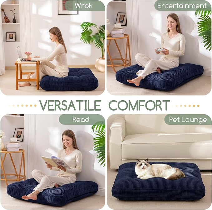 HIGOGOGO 35" Floor Pillow Cushion for Adults, Meditation Cushion Pillow, Extra Large Square Floor Sitting, Tufted Corduroy Cover for Tatami Living Room or Yoga, Navy
