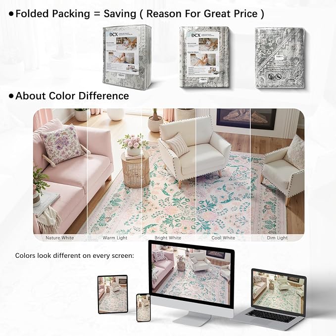 DCX 8x10 Pink Rug, Floral Rug for Girl’s Bedroom, Cute Soft Low Pile Non Slip Stain Resistant Machine Washable Indoor Décor, Kid & Pet Friendly Nursery Carpet for Living Room, Dorm, Playroom