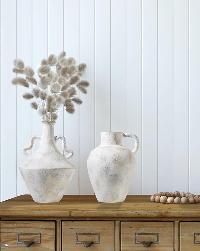 UPWOIGH 14in Distressed Ceramic Vase with Double Handles | White Handmade Look, Intentional Black Distressing, Vintage-Inspired Style, Modern Rustic Table Décor