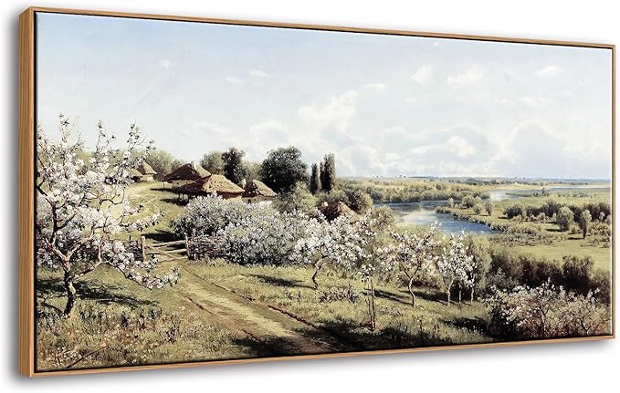 DJSYLIFE Farmhouse Apple Blossoms Landscape Framed Wall Art for Living Room | 20x40 Inch Vintage Canvas Print, Solid Wood Inner & Outer Frame, Ready to Hang, Rustic Country Decor for Bedroom & Dining