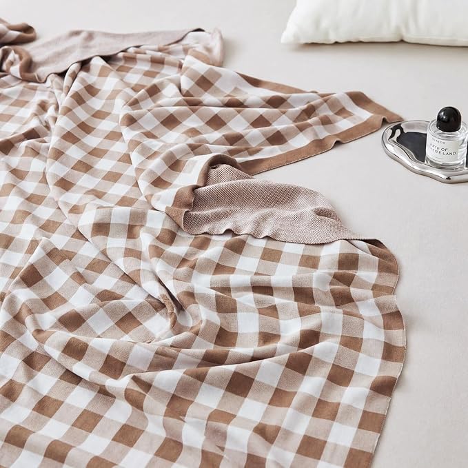 BOV Knit Checkered Throw Blanket - 100% Viscose Silky Super Soft Breathable Lightweight Decorative Throw Blanket for Year-Round Comfort, Perfect Self Care Gifts for Women & Men, Latte 50"x60"