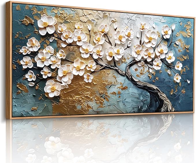 imjiayu Tree of Life Wall Art, Extra Large Wall Art, Abstract Art Wall Decor, Plum Bossom Tree Framed Painting Prints, Modern Blue and Gold Big Pictures for Living Room Bedroom Office Hotel 29"x57"