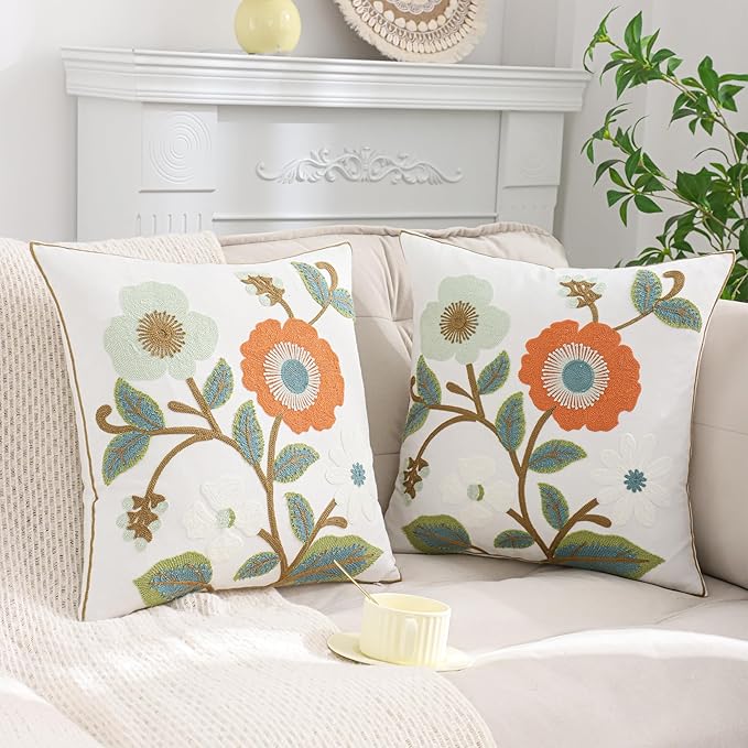 Green and Orange Throw Pillow Covers 18x18 Set of 2 Flowers with Leaves Embroidery Pillow Cushion Case Spring Summer Decorative Farmhouse Pillowcases Square Rustic Floral Pillow Case