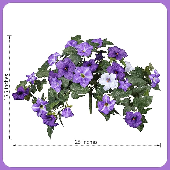 HyeFlora Artificial Flowers for Outdoors 2PCS Faux Petunias Silk Fake Flowers for Outside Planter UV Resistant Realistic Home Garden Porch Decor (Purple)