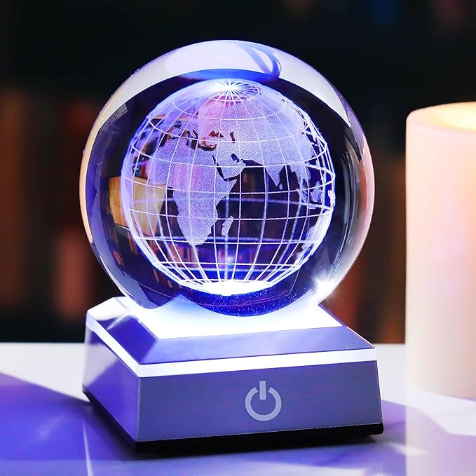 3.15'' 3D Earth Crystal Ball with Silver LED Colorful Light Base, Science Universe Astronomy Gifts for Astronomy Lovers, Kids, Engraved Earth Model Decor Figurine Collection for Home Decor