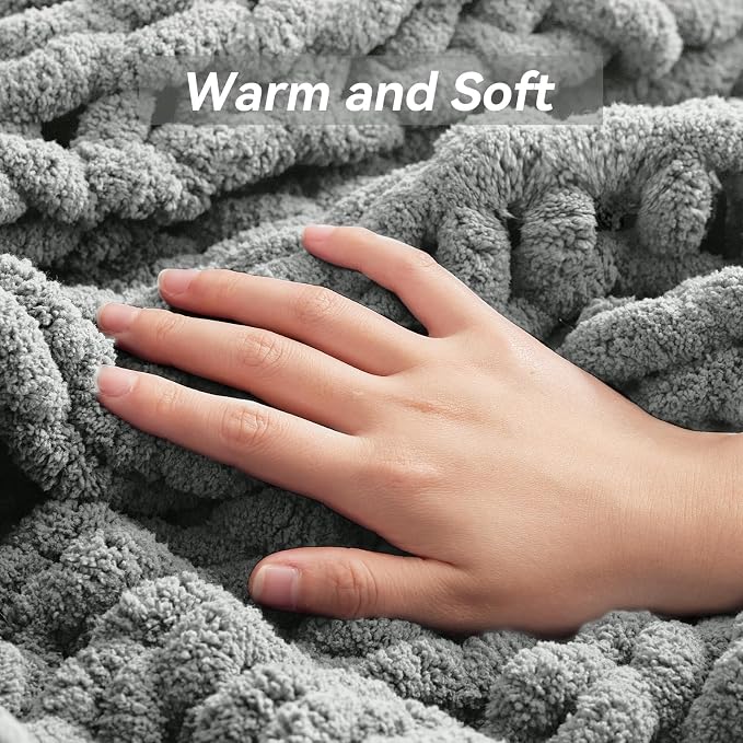 Negwoo Chunky Knit Throw Blanket, 50''*60'' Knitted Throw Chenille Yarn for Bed Couch, Handmade Light Grey Crochet Big Thick Blanket, Machine Washable Cute Comfy Blanket for Home Decor