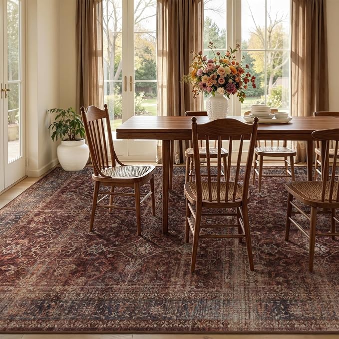 Brick Red Big Rug 10x12, Vintage Farmhouse Distressed Carpet Large Size 10x12 for Living Room Bedroom, Washable Non Slip Low Pile Thin Print Room Rug for Dining Room Family Room