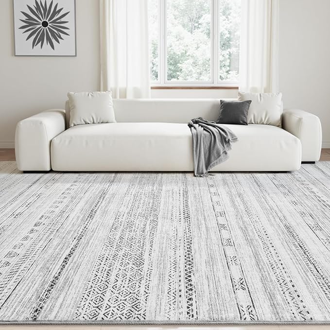 8x10 Area Rugs for Living Room Machine Washable Rug Distressed Indoor Carpet Neutral Moroccan Boho Rug Ultra Soft Area Rug for Bedroom Dining Room Playroom Office, Black