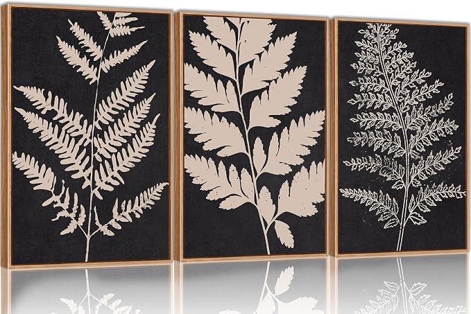 SIKERIC Vintage Black Tan Fern Leaf Wall Art, Nature Minimalis Leaves Framed Canvas Art Print Set of 3, Modern Fern Silhouette Wall Decor, Large Plant Artwork for Living Room, Bedroom, Office-24x36