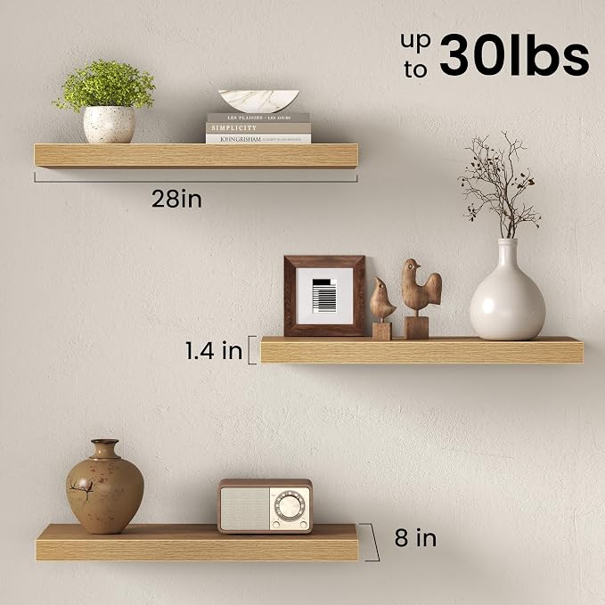 Floating Shelves for Wall, 28 Inch Floating Shelves Set of 2, Wall Mounted Rustic Wood Shelf for Bathroom, Living Room, Bedroom and Kitchen, Hanging Shelf for Storage, Books, Home Decor, Oak