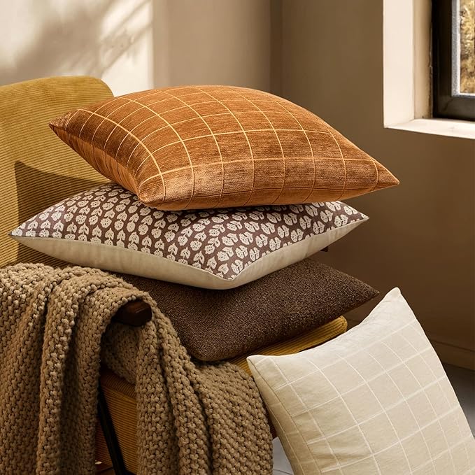 MIULEE Decorative Chenille Check Throw Pillow Covers Vintage Plaid Couch Pillows 20x20 Inch Set of 2 Neutral Boho Farmhouse Cushion Covers Modern Spring Home Decor for Sofa Bed Living Room Bronze