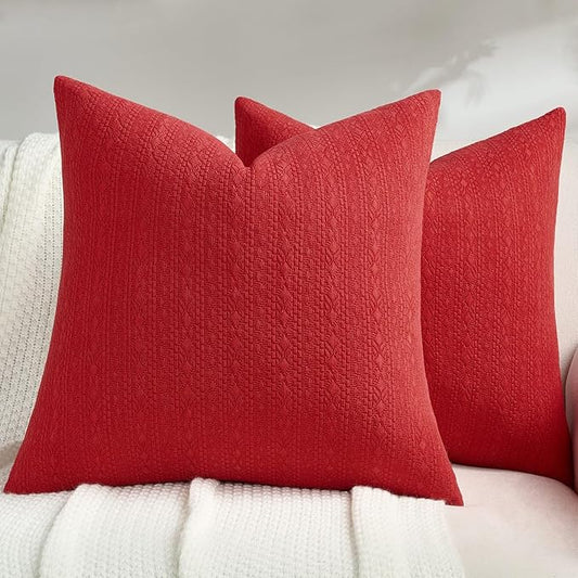 FUTEI Red Chenille Throw Pillow Covers 16x16 Inch Set of 2,Soft Striped & Diamond Textured Cushion Cases,Modern Home Decor for Couch Living Room