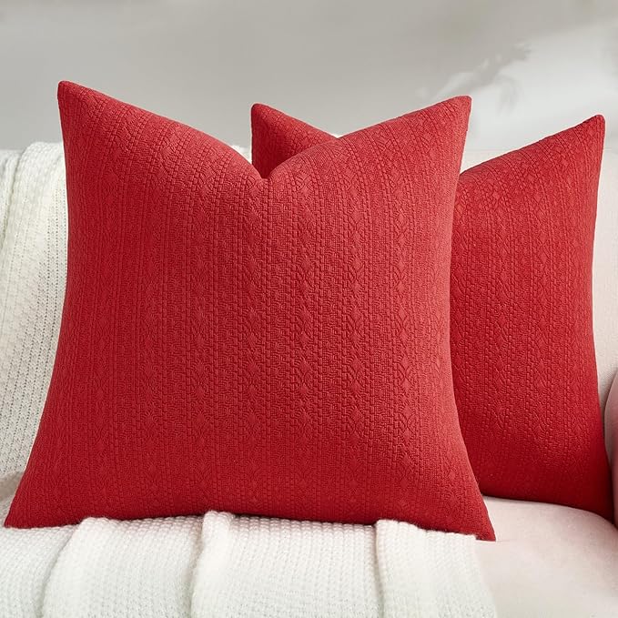 FUTEI Red Chenille Throw Pillow Covers 24x24 Inch Set of 2,Soft Striped & Diamond Textured European Cushion Cases,Modern Home Decor for Couch Living Room