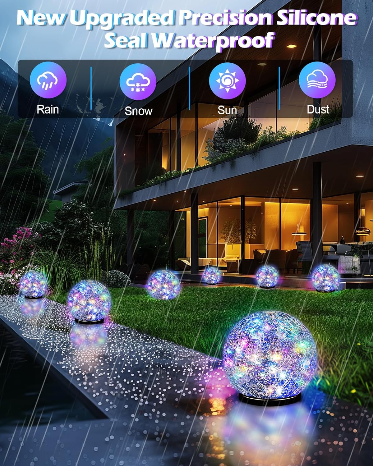 Garden Solar Ball Lights Outdoor Waterproof, 50 LED Cracked Glass Globe Solar Power Ground Lights for Path Yard Patio Lawn, Outdoor Decoration Landscape Colorful(2 Pack 4.7'')