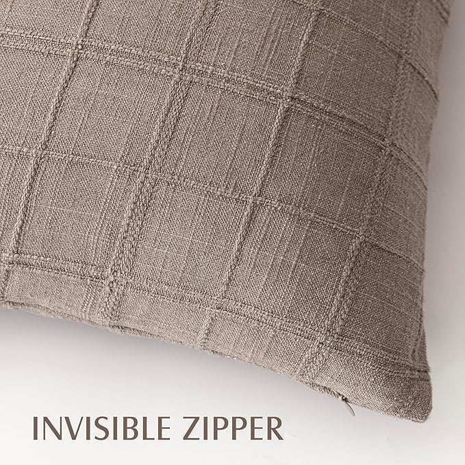 Foindtower Set of 2 Decorative Linen Check Throw Pillow Covers Neutral Farmhouse Vintage Cushion Covers Modern Boho Home Decor for Sofa Chair Couch Bedroom Living Room,18×18 Inch,Tan Taupe