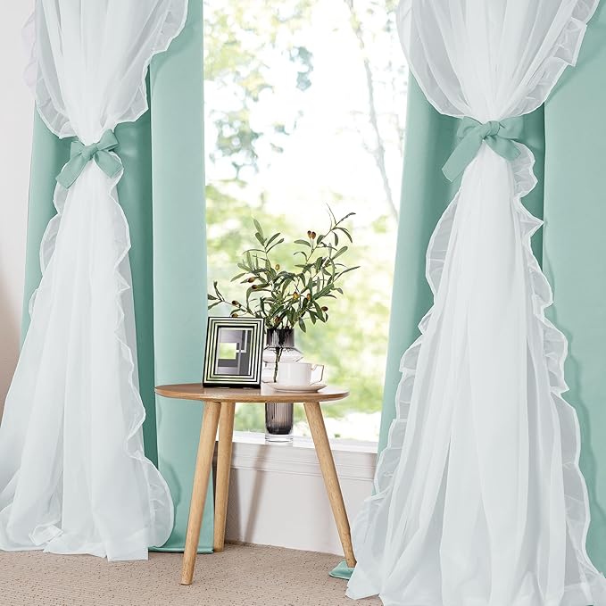 PONY DANCE Blackout Curtains for Living Room Decor Window Treatment Double Layer Drapes Ruffle Sheer Overlay Farmhouse Rustic Design, W 52 x L 84 Inches, Mint Green, 2 Panels