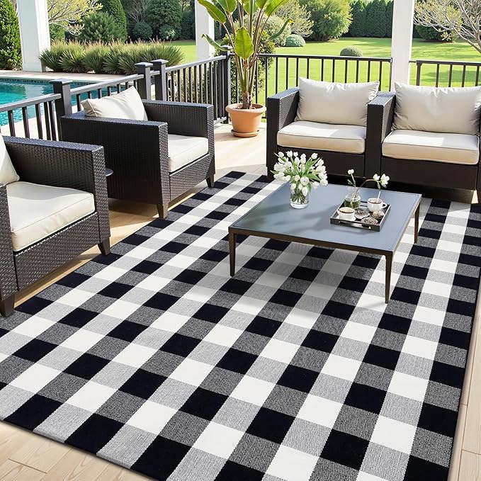 OLANLY Buffalo Plaid Rug 5' x 7' – Black and White Cotton Checkered Doormat, Washable Indoor Outdoor Rug for Layered Front Porch, Kitchen, Entryway Decor