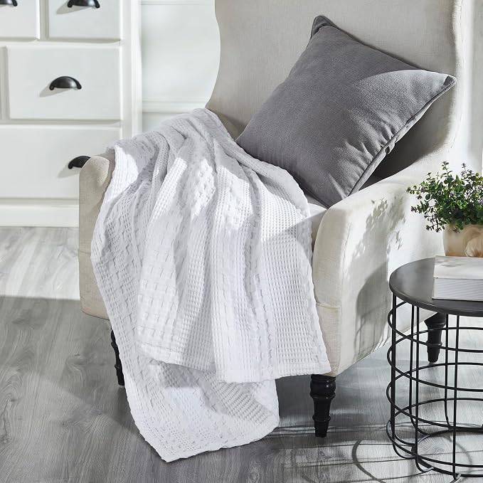 VHC Brands 100% Cotton Waffle Weave White Throw 50x60, Decorative Cotton Throw Blanket, Boho Farmhouse Bedroom, Living Room Decor for Bed, Couch, or Sofa