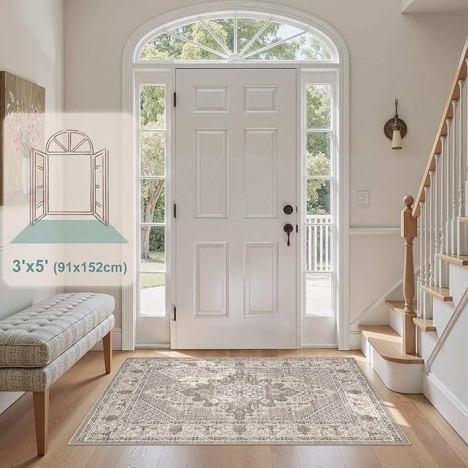Tortania Area Rug Living Room Rugs - 3x5 Washable Rug Vintage Oriental Distressed Farmhouse Small Thin Indoor Carpet for Living Room Bedroom Under Dining Table Home Office - Taupe Brown