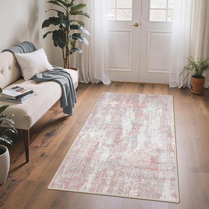 BEIMO Area Rugs 3x5 for Living Room Bedroom, Modern Abstract Machine Washable Rug, Soft Low Pile Floor Carpet with Non Slip Backing for Entryway, Pink/Grey