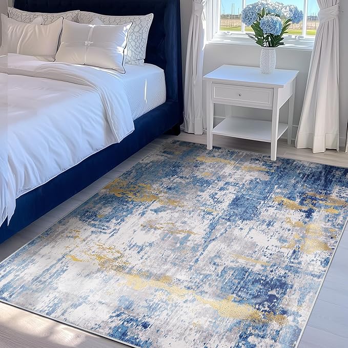 RELEANY Washable Area Rugs 4'x6' Non-Slip Modern Abstract Soft for Living Room Entryway Bedroom Nursery, Print Pattern, Grey Blue Gold/Golden