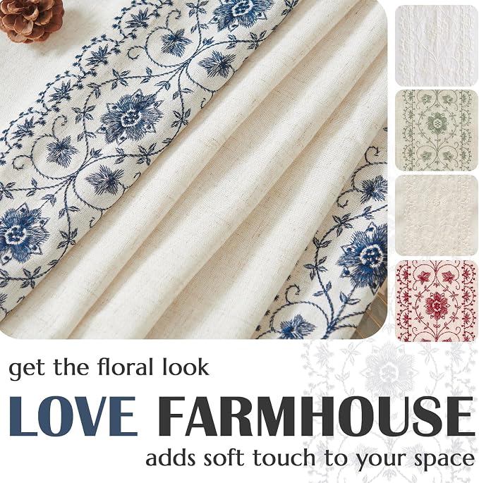 jinchan Weslie Boho Curtains for Bedroom Blue Vintage Floral Farmhouse Curtains 72 Inches Long Linen Drapes for Living Room Embroidered Drapes Light Filtering Rod Pocket Blue on Beige 2 Panels