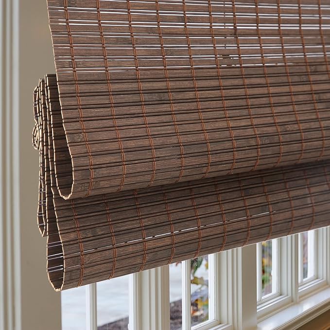 Cordless Woven Wood Roman Shades, 34" W x 64" H, Natural Sarasota-Cocoa | Light Filtering Bamboo Shades for Indoor Windows, Privacy Blinds for Bedroom Living Room Kitchen, Easy Install
