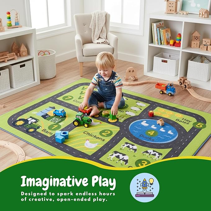 John Deere Interactive Play Area Rug, 69 x 52 Inch Large Kids Farm Playmat with Tractor & Animals, Non-Slip Backing for Bedroom & Playroom (100% Officially Licensed Product) by Franco