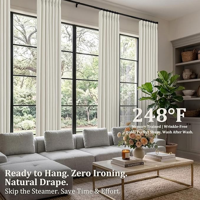 Pinch Pleated Linen Curtains 120 Inch, 2 Panels Premium 400GSM Memory Trained Semi Sheer Light Filtering Window Drapes for Living Room Bedroom Dining, Back Tab & Adjustable Hooks Rings , Birch Natural
