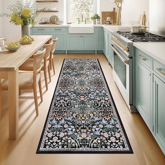 Runner Rug for Entryway: 2x5 Kitchen Rugs Non Slip Washable Ultra-Thin Soft Floral Carpet Indoor Floor Stain Resistant Carpets for Hallway Bedroom Kitchen Laundry Bathroom Dorm Dark Black